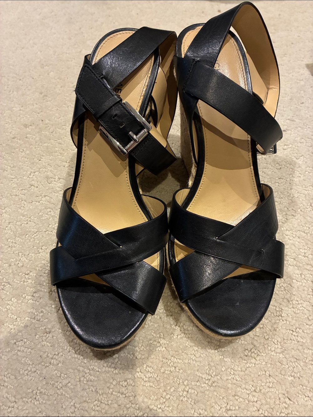 Michael Kors Black Leather Crisscross Espadrille Wedge Sandals ⭐️